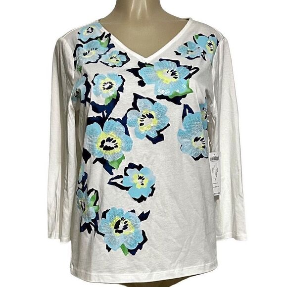 Chicos Women's White Floral Sequin V Neck Long Sleeves Tee Shirt Size Medium NWT - Picture 1 of 10